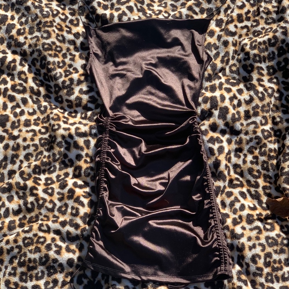 Cowl neck drawstring ruched satin dress